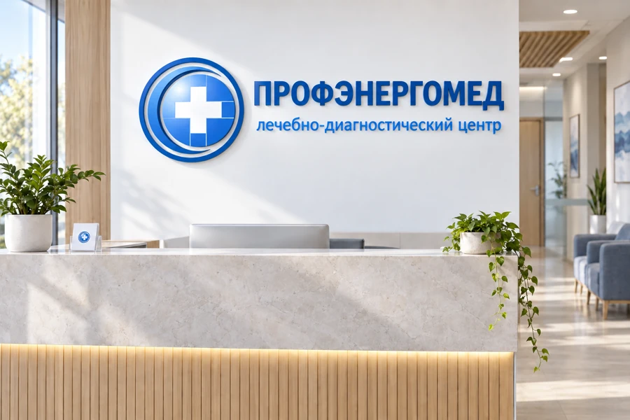 Ресепшен и вывеска — концептуальный мокап ПрофЭнергоМеда